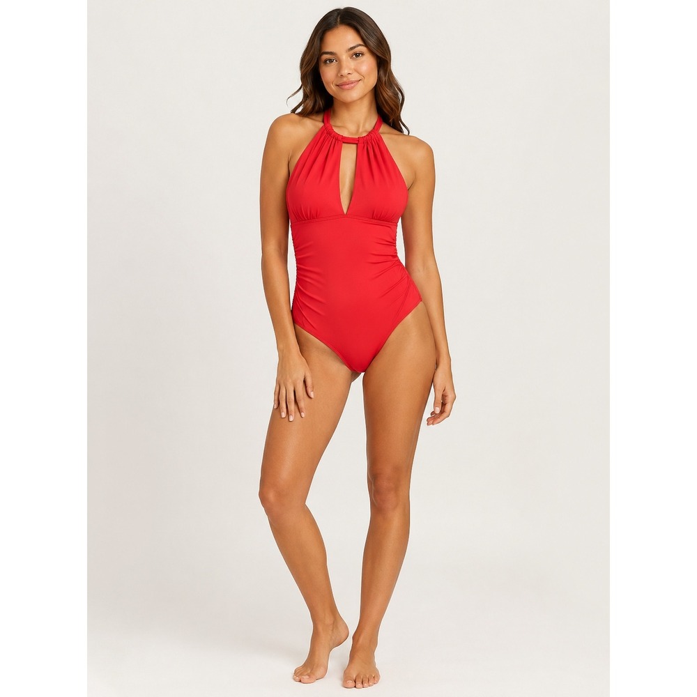 Lauren Ralph Lauren Red Halter One Piece Swimsuit Ruching Keyhole Size 6 1108AST